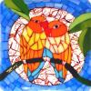 Lovebirds: 6"x6" fused glass mosaic. The design is from the "Tropical Breezes" book by Leslie Gibbs, and adapted for fused mosaics. This piece is a sample for the Fused Glass Mosaics class I will be teaching at Delphi Glass on Sept 13, 2015.