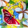 Plumerias: 6"x6" double-sided fused glass mosaic.