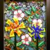 9.5"x7.5" mosaic layered on glass. Contains fused class, tempered glass, dichroic glass, glass rods, beads, scrapbook paper.