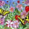 Swallowtail Paradise:
16"x20" mosaic panel with stained glass and custom fused glass elements.