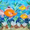 Goldfish Family: 10"x14" mosaic on wediboard, containing stained glass, fused glass and assorted gemstones. 